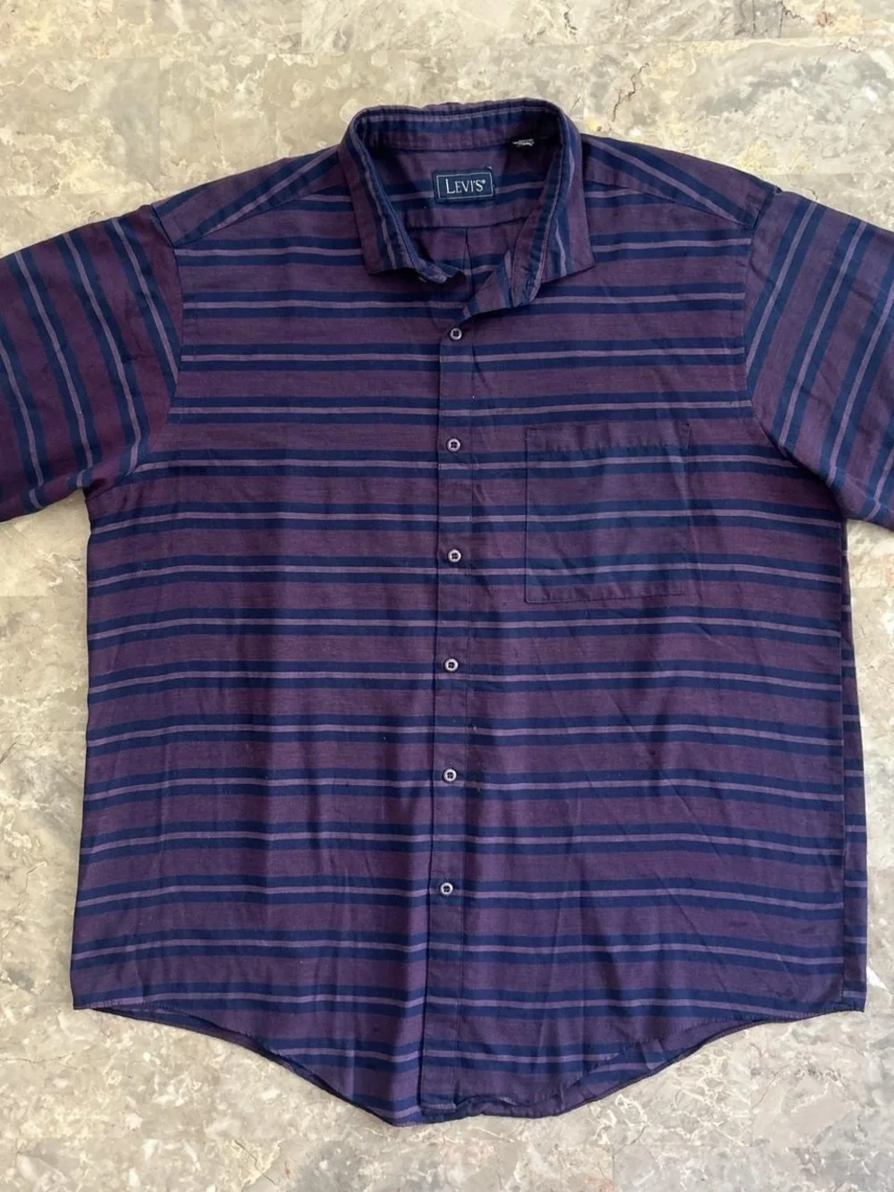 Vintage 90s Levi’s Striped Button Up Shirt XL Purple Blue Short Sleeve